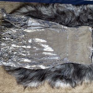 silver sequin cowl neck tassel hem midi dress